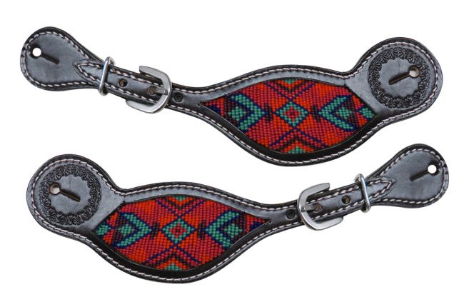 30839: Showman ® Dark chocolate Argentina cow leather spur straps with beaded inlay Spur Straps Showman   