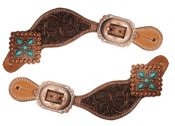 30848: Showman ® Ladies Tooled leather spur straps with vintage turquoise stone conchos Spur Straps Showman   