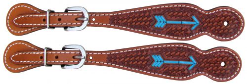 30870: Showman ® Argentina Cow Leather tooled leather spur straps with rawhide laced arrow Spur Straps Showman   
