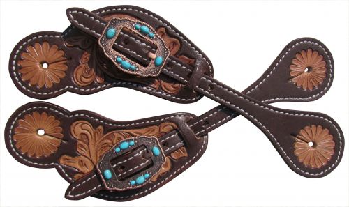 30881: Showman ® Ladies Tooled leather spur straps with vintage copper conchos Spur Straps Showman   