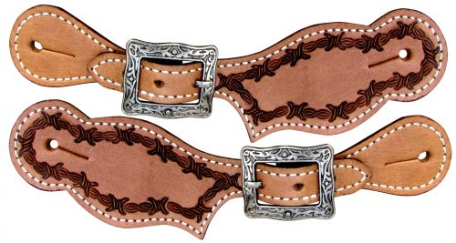 30908: Showman ® Youth leather spur straps with barwire tooling Spur Straps Showman   