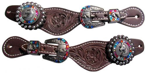 30910: Showman ® Youth leather spur straps with floral tooling Spur Straps Showman   