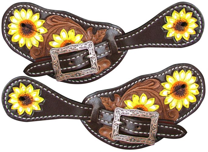 30921: Showman ® Ladies Hand Painted Sunflower Spur Straps Spur Straps Showman   