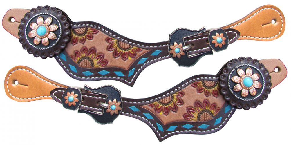 30925: Showman ® Ladies Hand Painted Sunflower Spur Straps with turquoise buckstitch Spur Straps Showman   