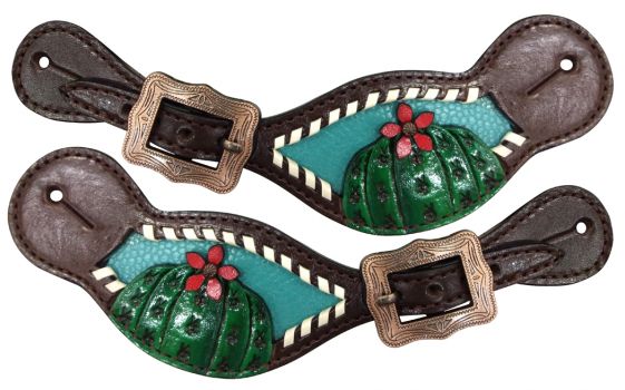 30959: Showman ® Ladies leather spur straps with painted cactus and flower Spur Straps Showman   