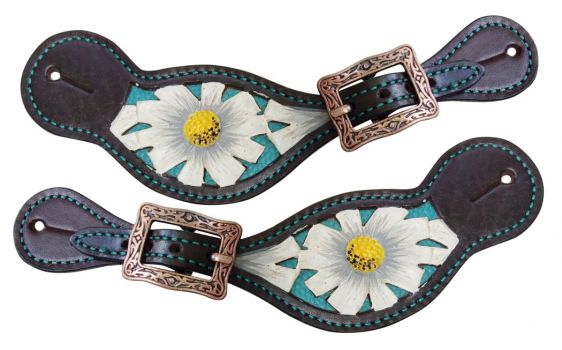 30961: Showman ® Ladies leather spur straps with white painted poppy flower design over teal inlay Spur Straps Showman   