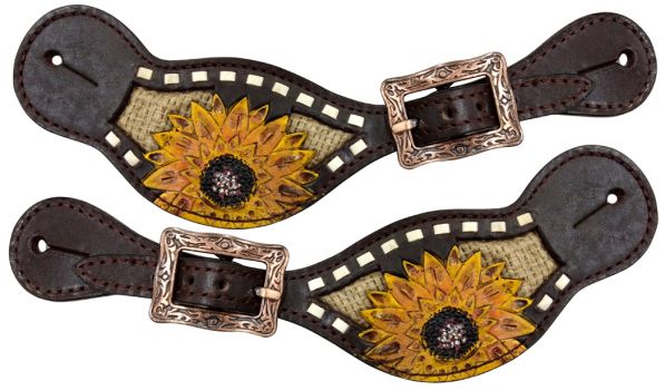 30963: Showman ® Showman ® Ladies spur straps with painted sunflower with burlap inlay Spur Straps Showman   