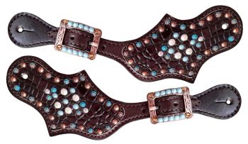 30967: Showman ®Ladies Gator spur straps with copper and turquoise beading Spur Straps Showman   