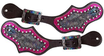 30968: Showman ® Ladies Rainbow Metallic spur straps with silver beading and pink metallic accent Spur Straps Showman   