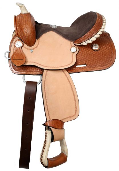 31312: Double T youth barrel saddle with silver laced rawhide cantle, roughout fenders and jockies Youth Saddle Double T   