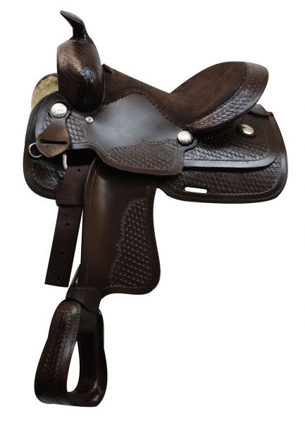 324912: 12" Economy western saddle with basket weave tooling and silver conchos Youth Saddle Showman Saddles and Tack   