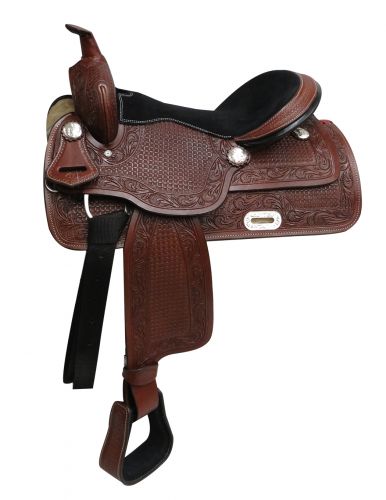 3265: 16" Economy style western saddle with basket tooling Primary Showman Saddles and Tack   