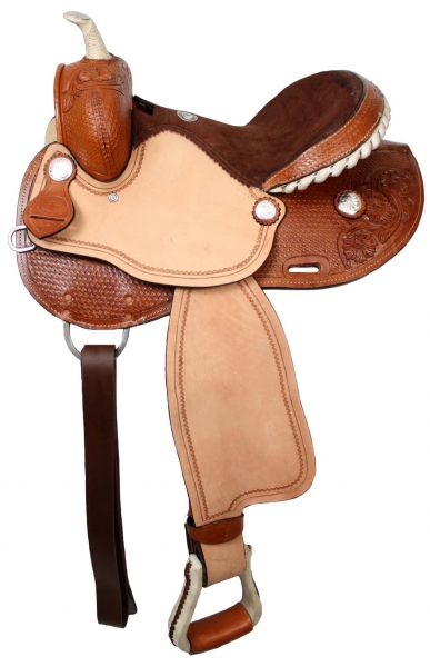 363: 15", 16" Double T barrel saddle with silver laced rawhide cantle, roughout fenders and jockie Barrel Saddle Double T   