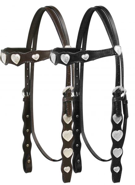 4006: Leather headstall with engraved silver heart conchos on browband and cheeks Primary Showman Saddles and Tack   