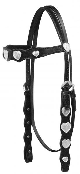 4006: Leather headstall with engraved silver heart conchos on browband and cheeks Primary Showman Saddles and Tack   