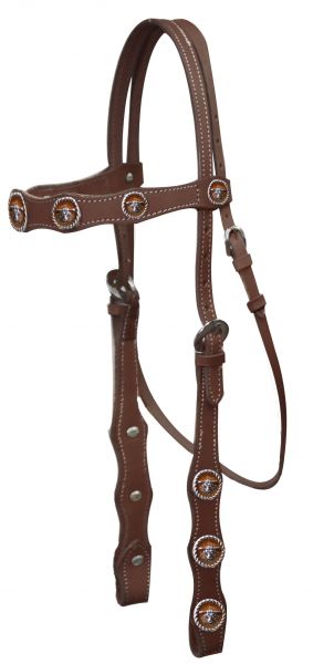 4010: Leather double stitched headstall with steer head conchos on browband and cheeks Primary Showman Saddles and Tack   