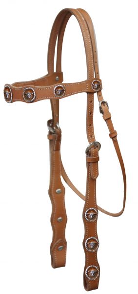 4010: Leather double stitched headstall with steer head conchos on browband and cheeks Primary Showman Saddles and Tack   