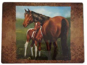 40150: Glass Cutting board, featuring Horse and Foal Primary Showman Saddles and Tack   