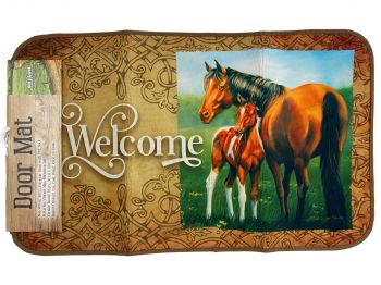 40160: 30"x17" Mare and Foal "Welcome" Mat with PVC Backing, these vibrant print mats featuring be Primary Showman Saddles and Tack   