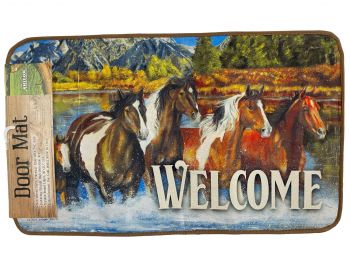 40161: 30"x17" Running Horses "Welcome" Mat with PVC Backing, these vibrant print mats featuring b Primary Showman Saddles and Tack   