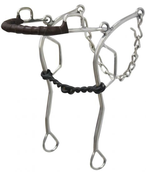 46120L: Showman™ stainless steel leather wrapped nose gag hackamore with 10 Bits Showman   