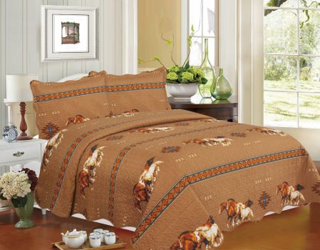 47436: 3PC Queen Size Quilted Tan Running Horse Quilt Set Primary Showman Saddles and Tack   