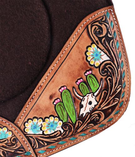 4909: Showman ® 32" x 31" x 1" Brown Built Up Felt Saddle Pad with Hand Painted flower, steer skul Western Saddle Pad Showman   