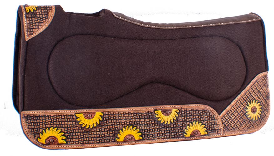 4911: Showman ® 32" x 31" x 1" Brown Built Up Felt Saddle Pad with Sunflower Design Western Saddle Pad Showman   