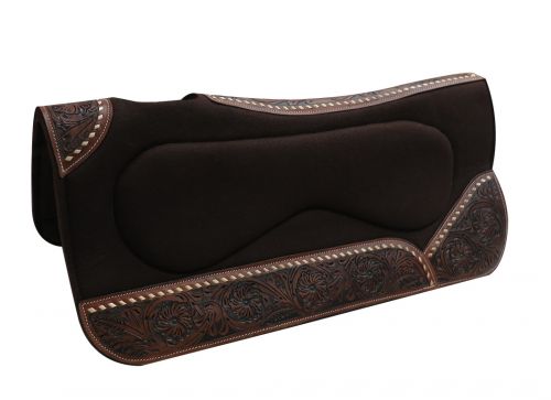 4963: Showman® 31" x 32" x 1" Brown felt, built up pad with floral tooled wear leathers Western Saddle Pad Showman   
