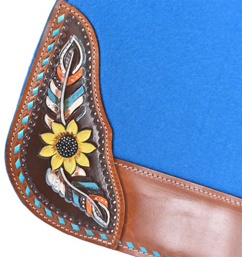 4987: Showman ® 31" x 32" x 1" Turquoise felt saddle pad with hand painted sunflower and feather d Western Saddle Pad Showman   
