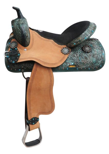 505916: 16" Double T  barrel style saddle with spur rowel conchos Barrel Saddle Double T   