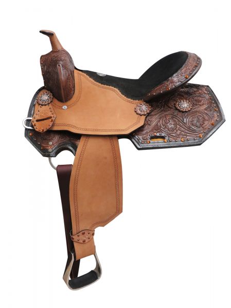 506016: 16" Double T  barrel style saddle with amber colored rhinestones and floral tooling Barrel Saddle Double T   