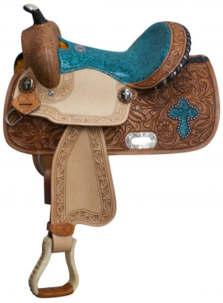 512313: 13" Double T  Barrel style saddle with snake print seat and accents Youth Saddle Double T   