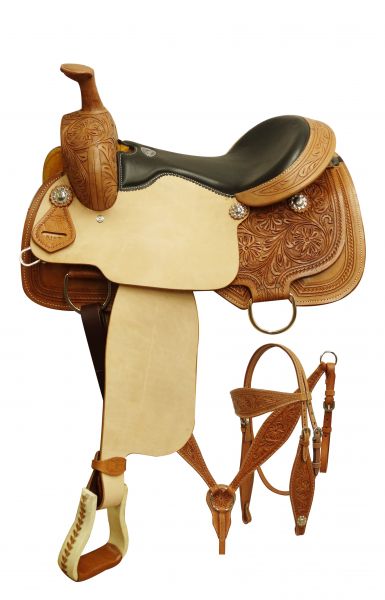 516316: 16" Double T  Roper style saddle set with floral tooling Roping Saddle Double T   