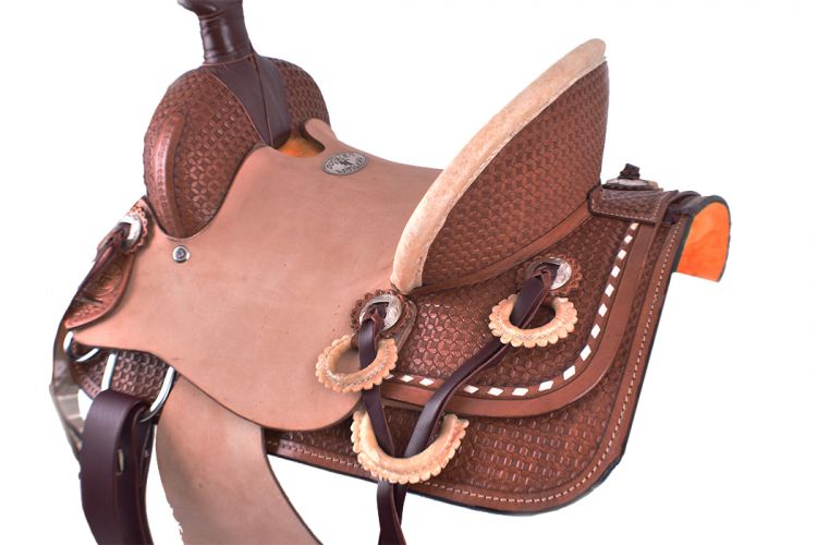 5385: 12" Double T hard seat roper style saddle with basket weave tooling with raw hide accents Youth Saddle Double T   
