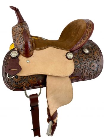 538712: 12" Double T  brown suede seat barrel style saddle with floral tooling Youth Saddle Double T   