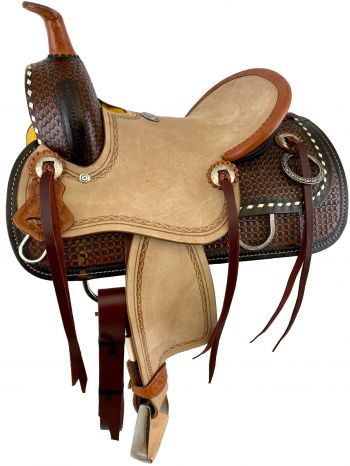 538912: 12" Double T  hard seat roping style saddle with basket weave tooling Youth Saddle Double T   