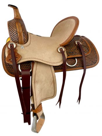 539112: 12" Double T  hard seat roping style saddle with combo basket/ floral tooling Youth Saddle Double T   