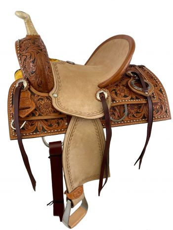 539412: 12" Double T  hard seat roping style saddle with floral tooling Youth Saddle Double T   