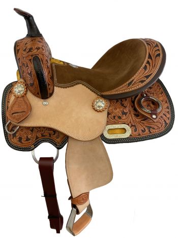 539512: 12" Double T Youth barrel style saddle set with a two-tone floral tooling Youth Saddle Double T   