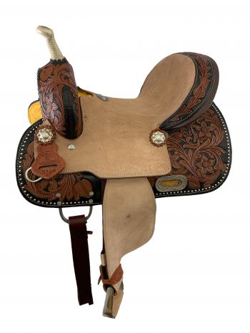 539612: 12" Double T  Youth barrel style heard seat saddle with a two-tone floral tooling Youth Saddle Double T   