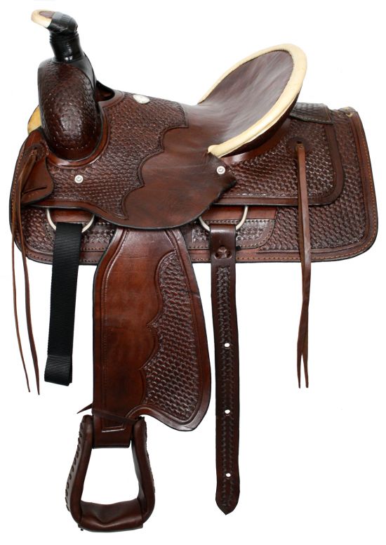 550: Buffalo roper style highback hardseat saddle with basketweave tooling Roping Saddle Buffalo   