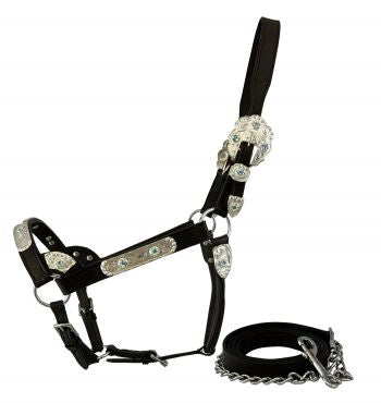 5785: Average Horse size leather double stitched silver bar horse size show halter with 1" X 6' le Show Halter Showman Saddles and Tack   