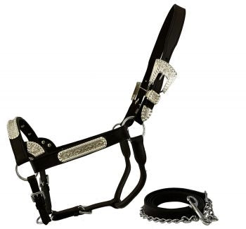 5786: Average Horse size leather double stitched silver bar horse size show halter with 1" X 6' le Show Halter Showman Saddles and Tack   