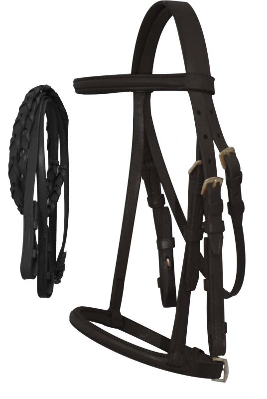 5900C: Cobb Size English headstall with raised browband and braided leather reins Primary Showman Saddles and Tack   