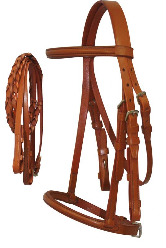 5900P: Pony Size English headstall with raised browband and braided leather reins Primary Showman Saddles and Tack   