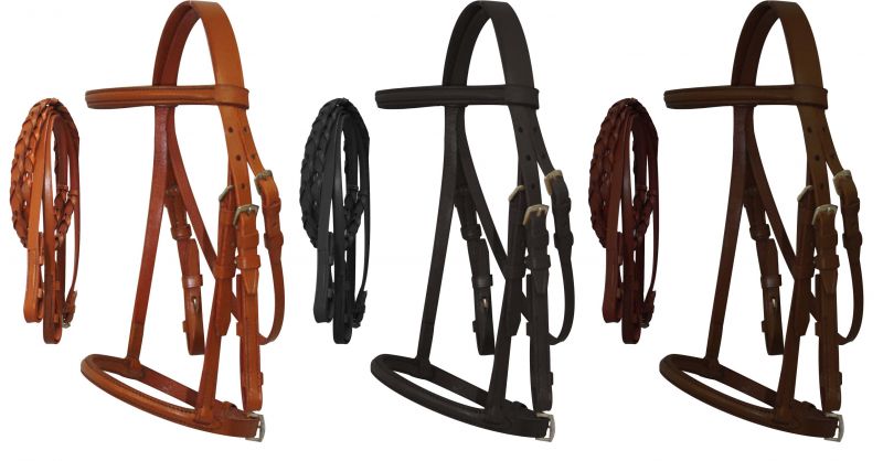 5900P: Pony Size English headstall with raised browband and braided leather reins Primary Showman Saddles and Tack   