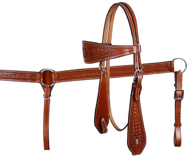 608: Showman™ double stitched leather wide brow band headstall and breast collar set Headstall & Breast Collar Set Showman   