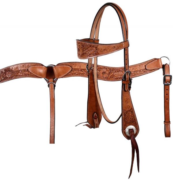609: Showman™ double stitched leather wide browband headstall and breast collar set Headstall & Breast Collar Set Showman   