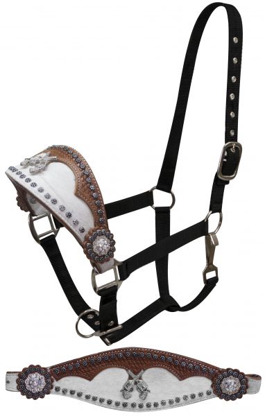 6099: Showman ® FULL SIZE bronc halter featuring white hair-on cowhide with scalloped leather over Bronc Halter Showman   